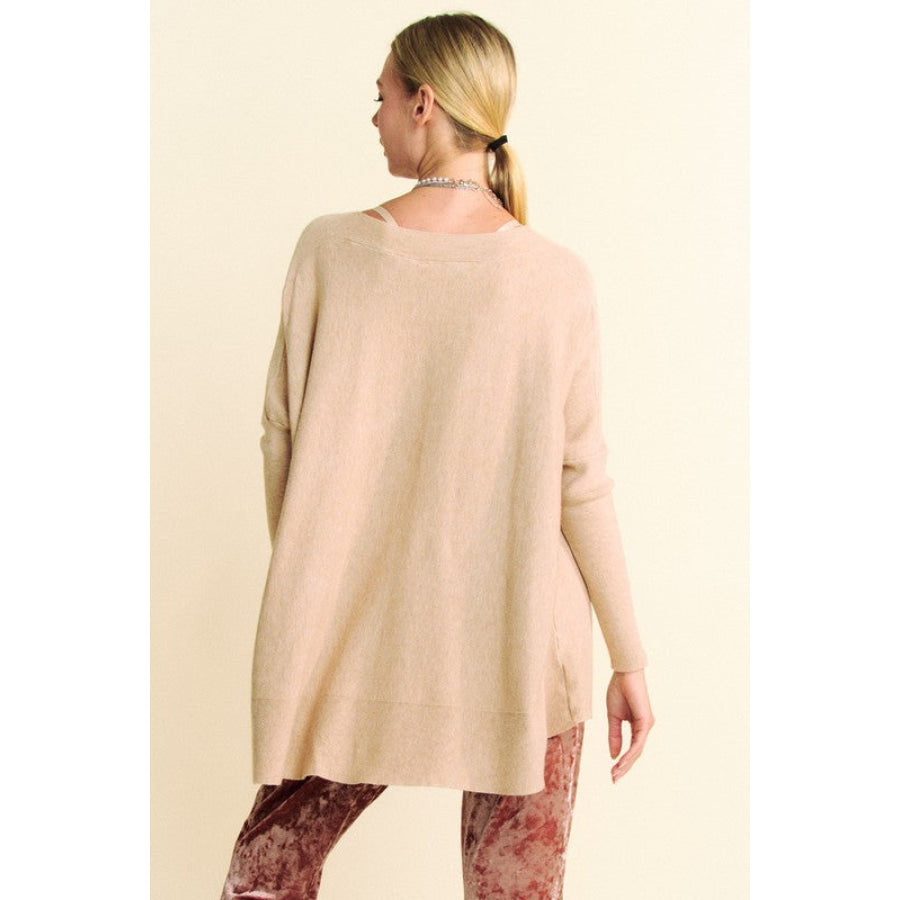 Davi & Dani Round Neck Dropped Shoulder Long Sleeve Knit Top Apparel and Accessories