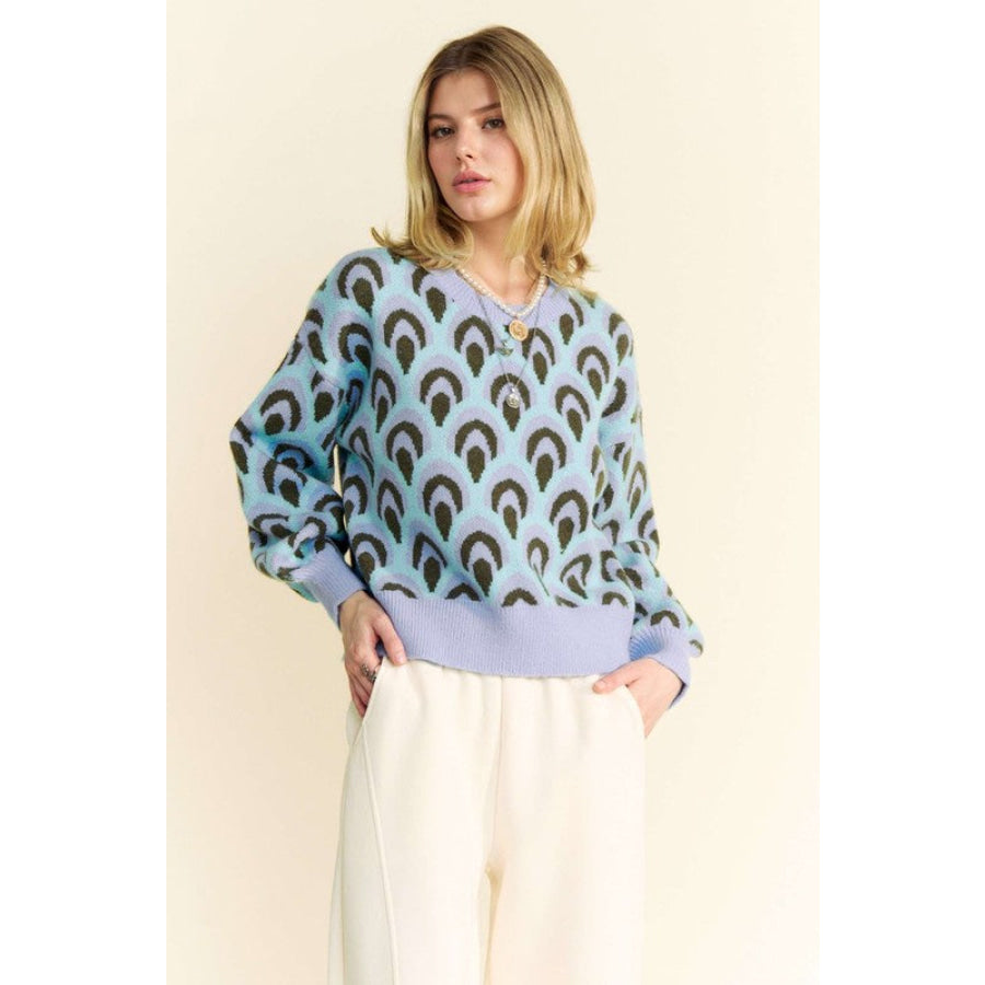 Davi & Dani Scale Jacquard Round Neck Drop Shoulder Sweater Apparel and Accessories