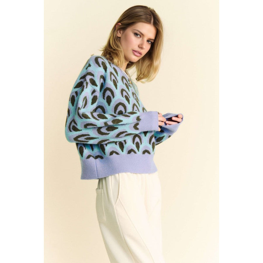 Davi & Dani Scale Jacquard Round Neck Drop Shoulder Sweater Apparel and Accessories