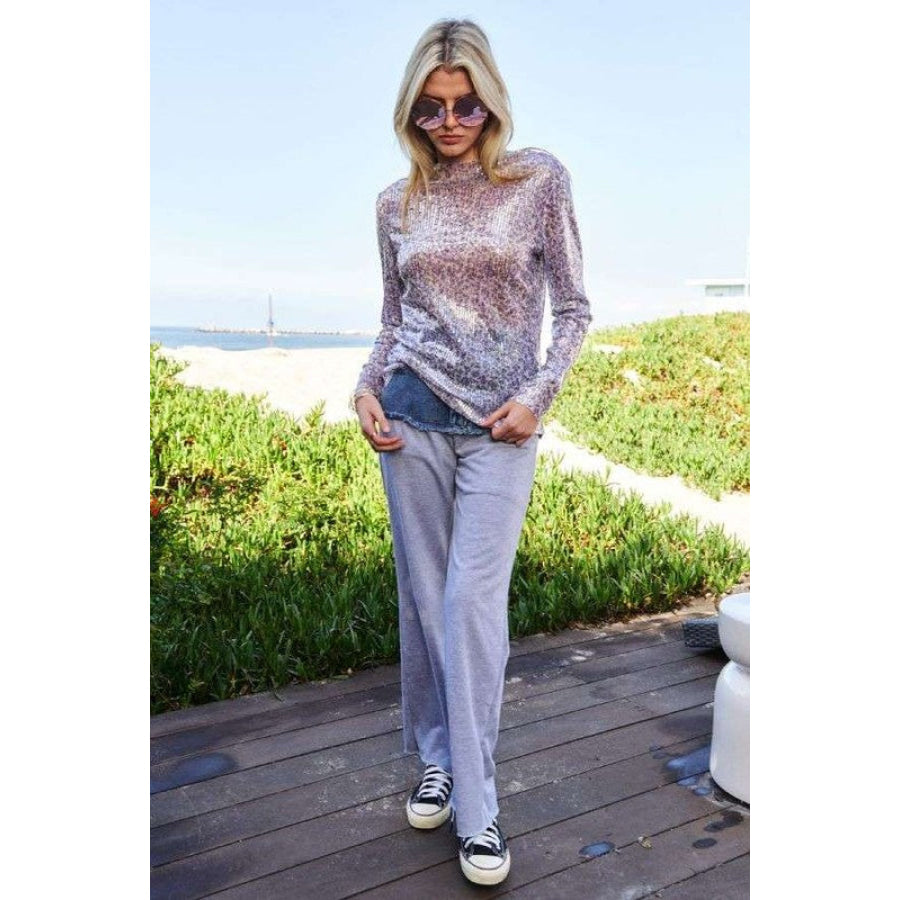 Davi & Dani Sequin Mock Neck Long Sleeve Mesh Top Apparel and Accessories