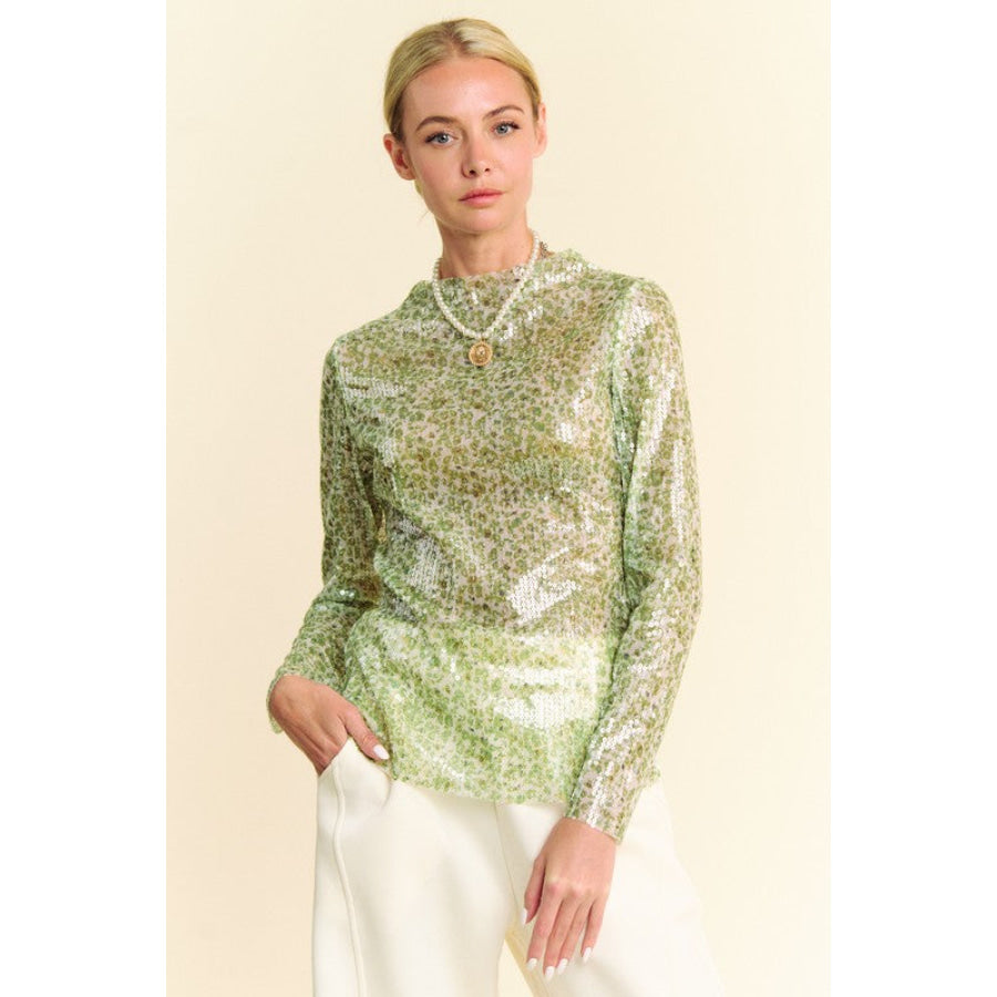 Davi & Dani Sequin Mock Neck Long Sleeve Mesh Top Apparel and Accessories
