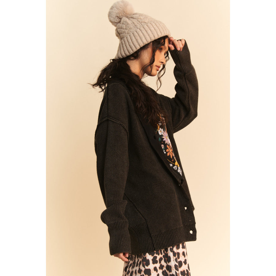 Davi & Dani Shawl Collar Ribbed Detail Button Up Cardigan Black / S Apparel and Accessories