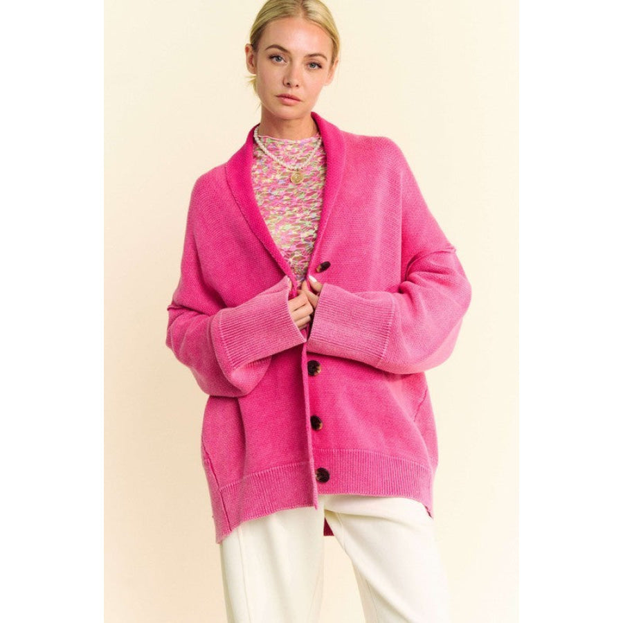 Davi & Dani Shawl Collar Ribbed Detail Button Up Cardigan Hot Pink / S Apparel and Accessories