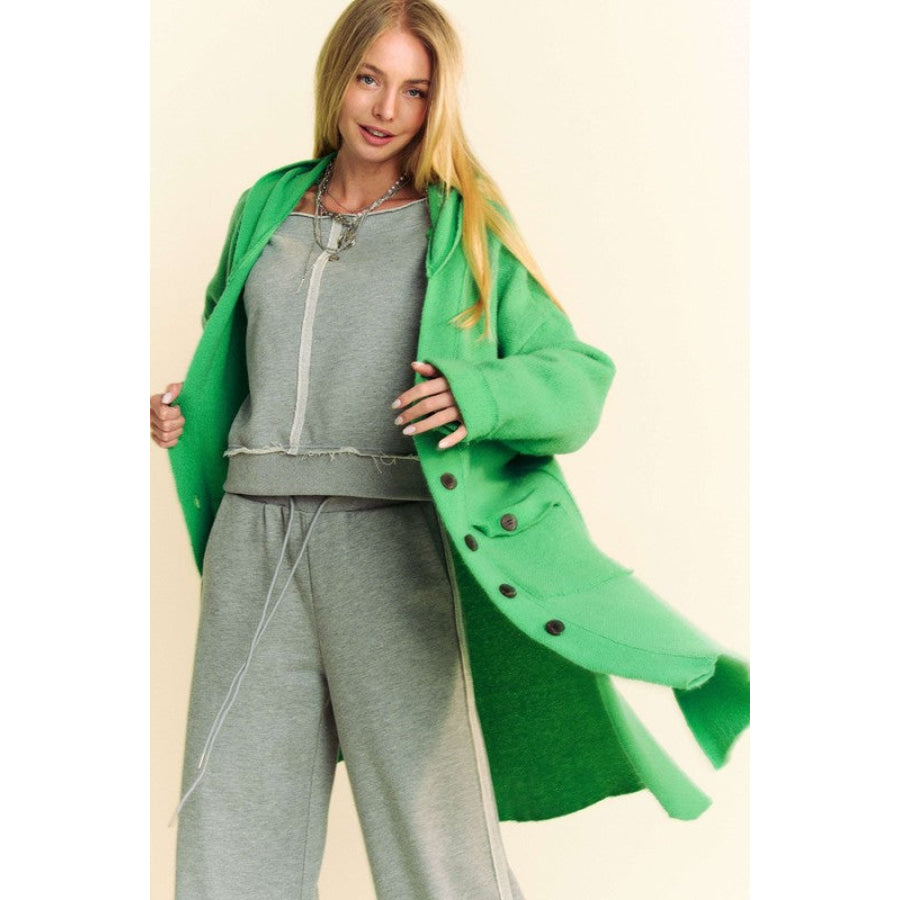 Davi & Dani Side Slit Button Up Hooded Cardigan Apparel and Accessories