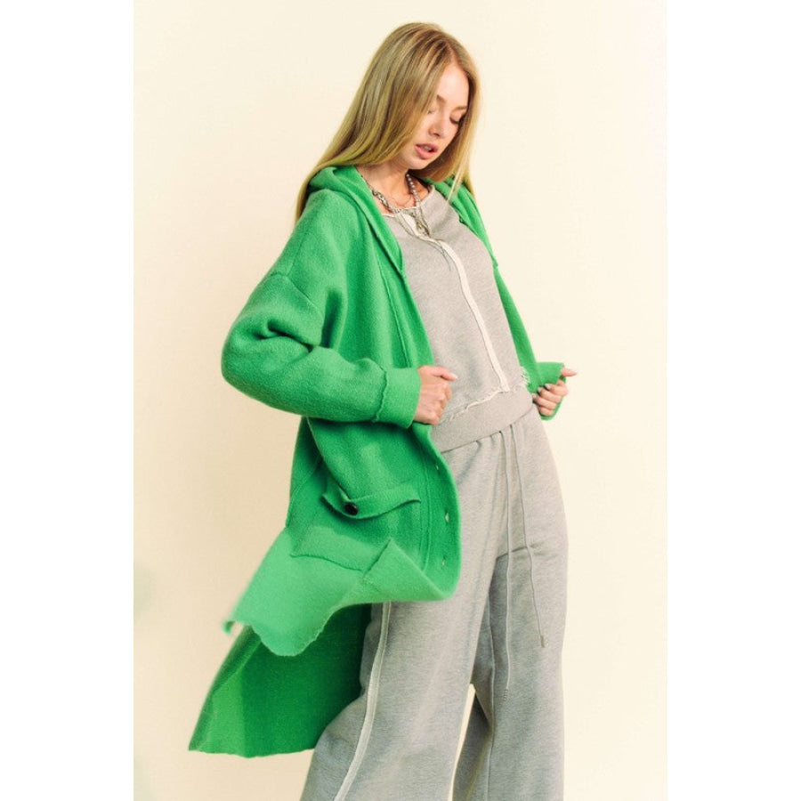 Davi & Dani Side Slit Button Up Hooded Cardigan Apparel and Accessories