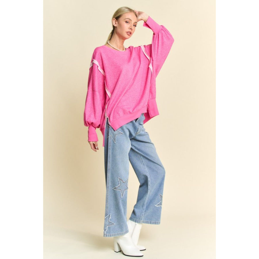 Davi & Dani Side Slit High-Low Lantern Sleeve Knit Top Apparel and Accessories