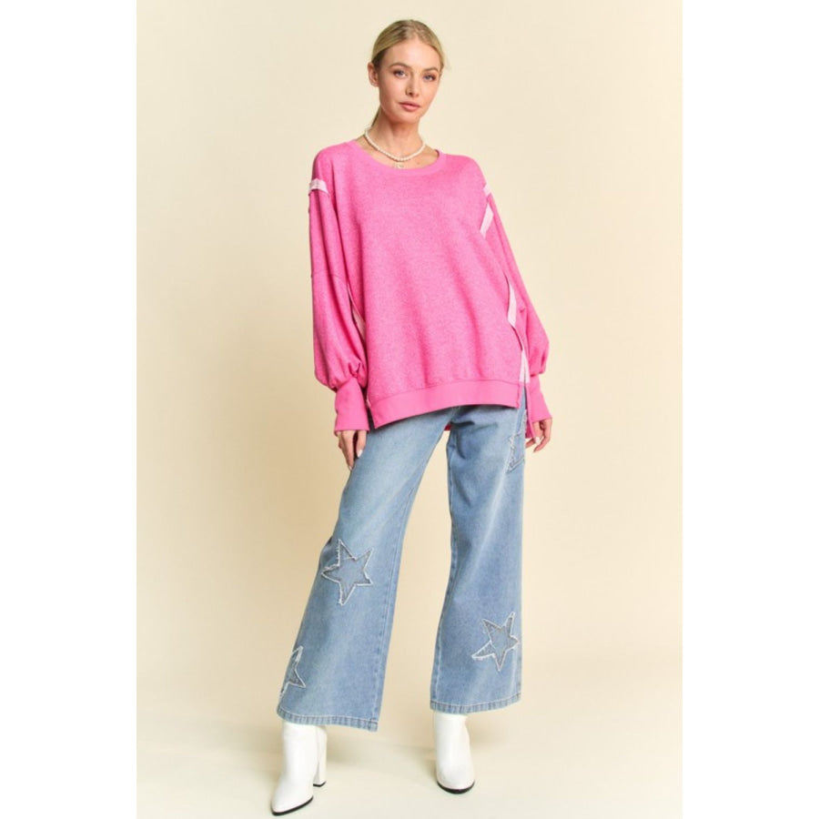 Davi & Dani Side Slit High-Low Lantern Sleeve Knit Top Apparel and Accessories