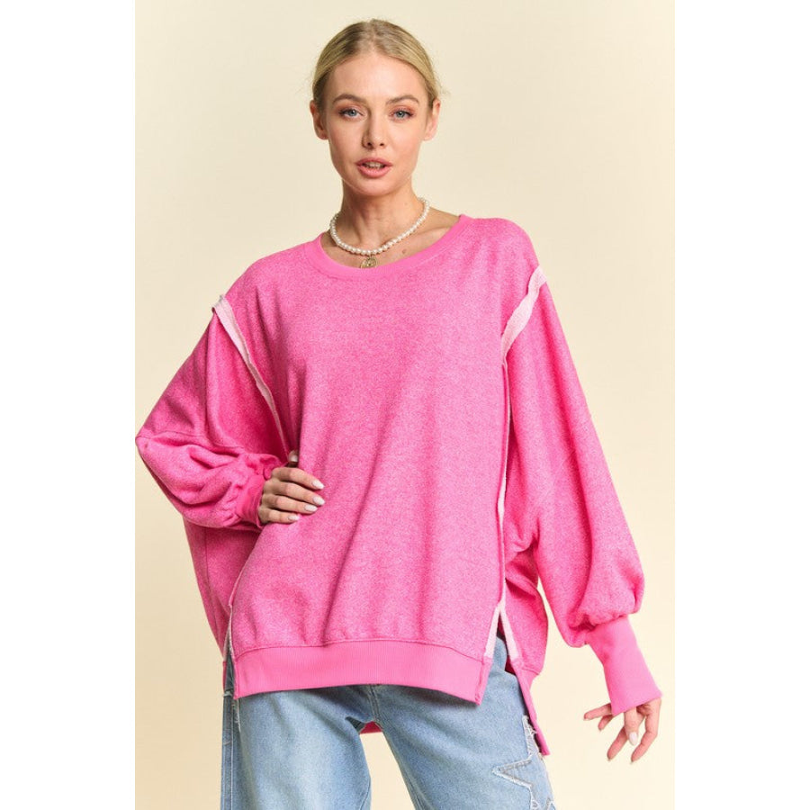Davi & Dani Side Slit High-Low Lantern Sleeve Knit Top Fuchsia Pink / S Apparel and Accessories