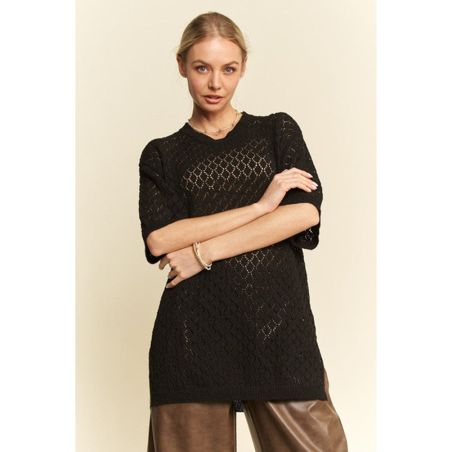 Davi & Dani Side Slit Openwork Round Neck Half Sleeve Knit Cover Up Apparel and Accessories