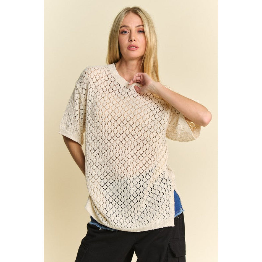 Davi & Dani Side Slit Openwork Round Neck Half Sleeve Knit Cover Up Apparel and Accessories