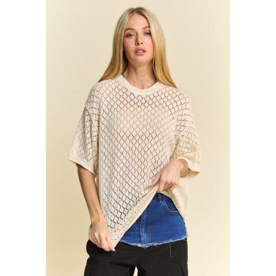 Davi & Dani Side Slit Openwork Round Neck Half Sleeve Knit Cover Up Apparel and Accessories