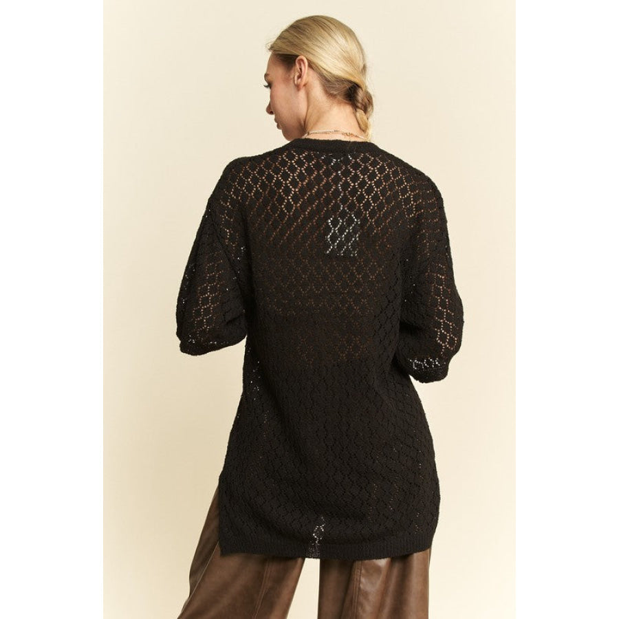 Davi & Dani Side Slit Openwork Round Neck Half Sleeve Knit Cover Up Apparel and Accessories