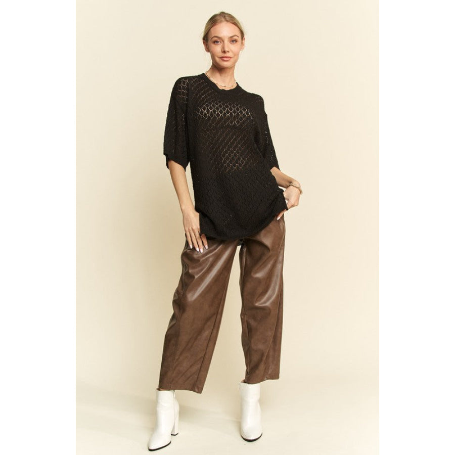 Davi & Dani Side Slit Openwork Round Neck Half Sleeve Knit Cover Up Apparel and Accessories