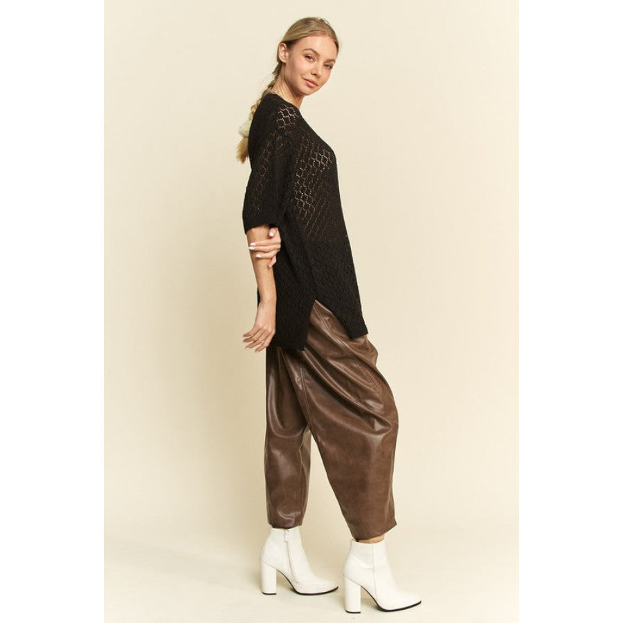 Davi & Dani Side Slit Openwork Round Neck Half Sleeve Knit Cover Up Apparel and Accessories