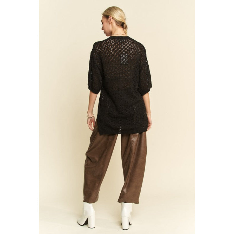 Davi & Dani Side Slit Openwork Round Neck Half Sleeve Knit Cover Up Apparel and Accessories