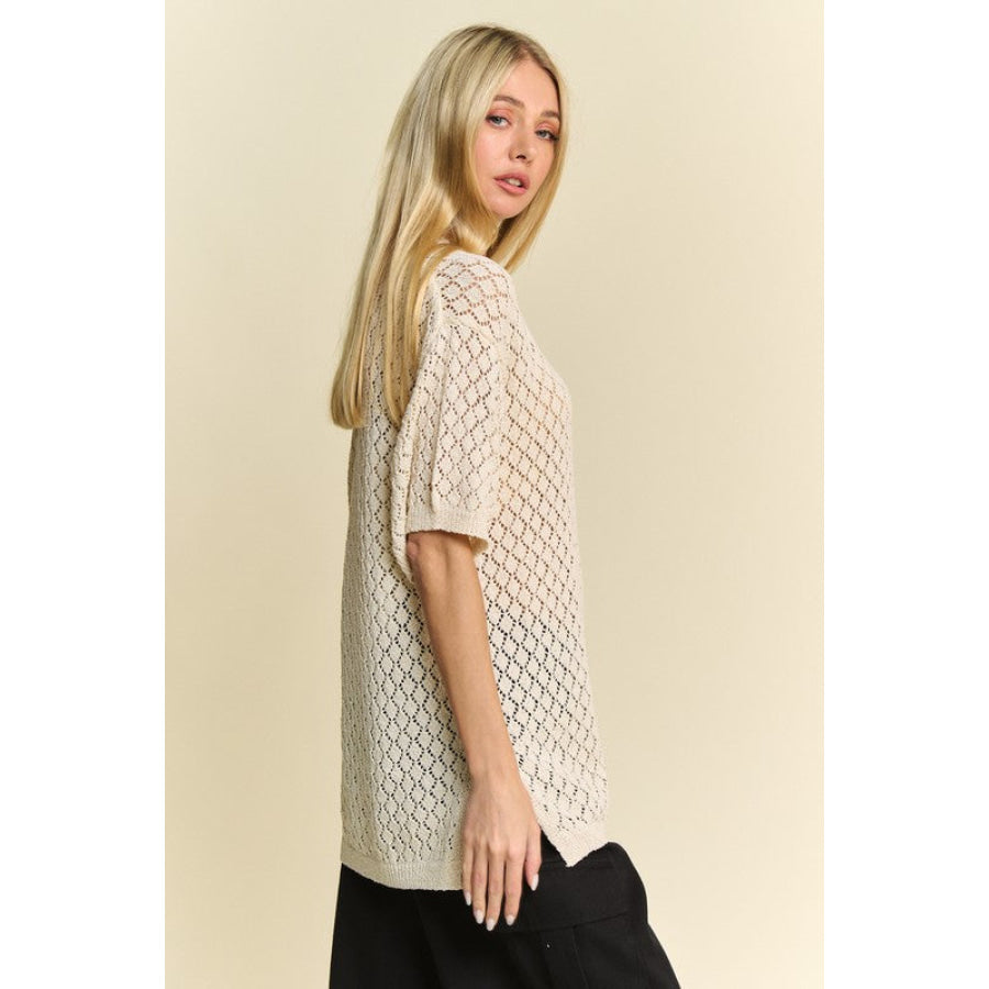 Davi & Dani Side Slit Openwork Round Neck Half Sleeve Knit Cover Up Apparel and Accessories