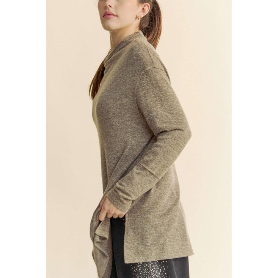 Davi & Dani Slit Mock Neck Long Sleeve Top Apparel and Accessories