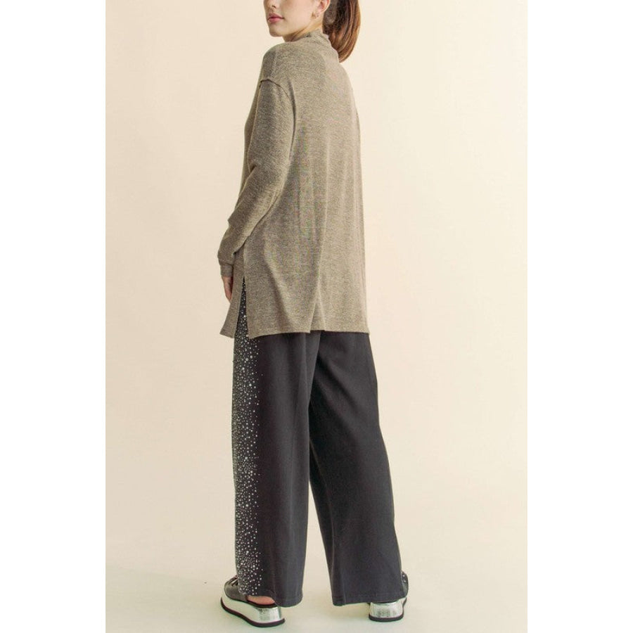 Davi & Dani Slit Mock Neck Long Sleeve Top Apparel and Accessories