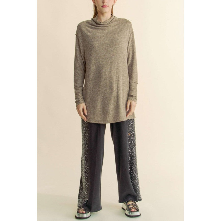 Davi & Dani Slit Mock Neck Long Sleeve Top Apparel and Accessories