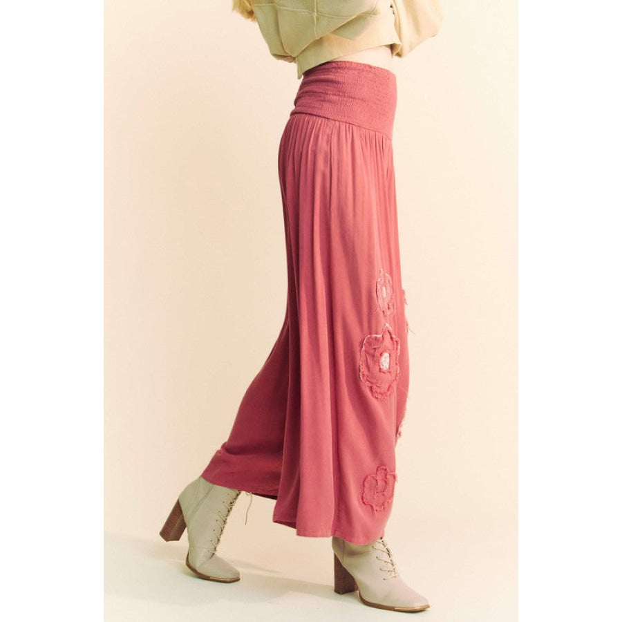 Davi & Dani Smocked Waist Flower Patch Wide Leg Pants Apparel and Accessories