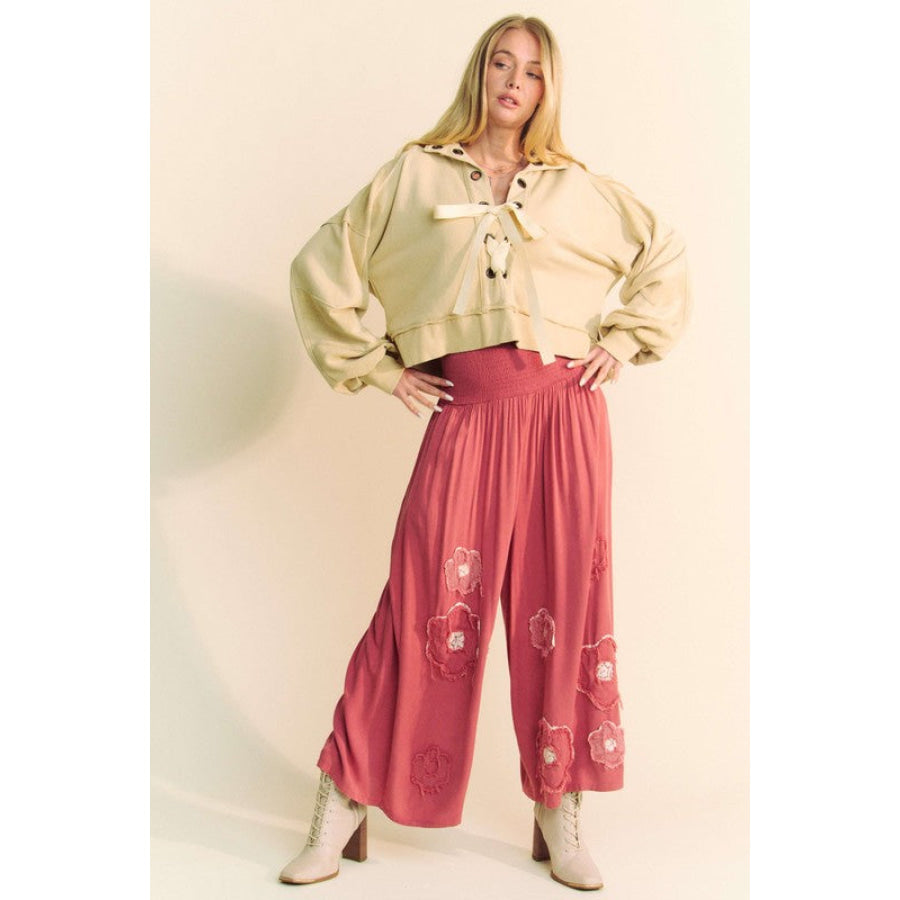 Davi & Dani Smocked Waist Flower Patch Wide Leg Pants Apparel and Accessories