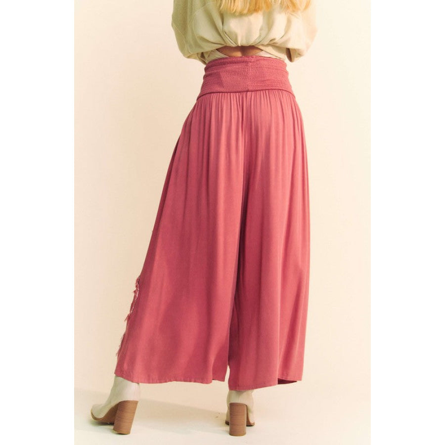 Davi & Dani Smocked Waist Flower Patch Wide Leg Pants Apparel and Accessories