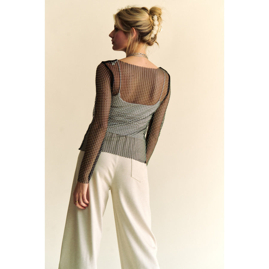 Davi & Dani Sparkling Rhinestone Sheer Mesh Round Neck Top Apparel and Accessories