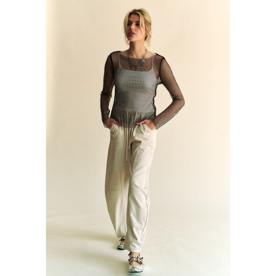 Davi & Dani Sparkling Rhinestone Sheer Mesh Round Neck Top Apparel and Accessories