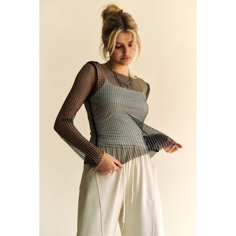 Davi & Dani Sparkling Rhinestone Sheer Mesh Round Neck Top Black / S Apparel and Accessories