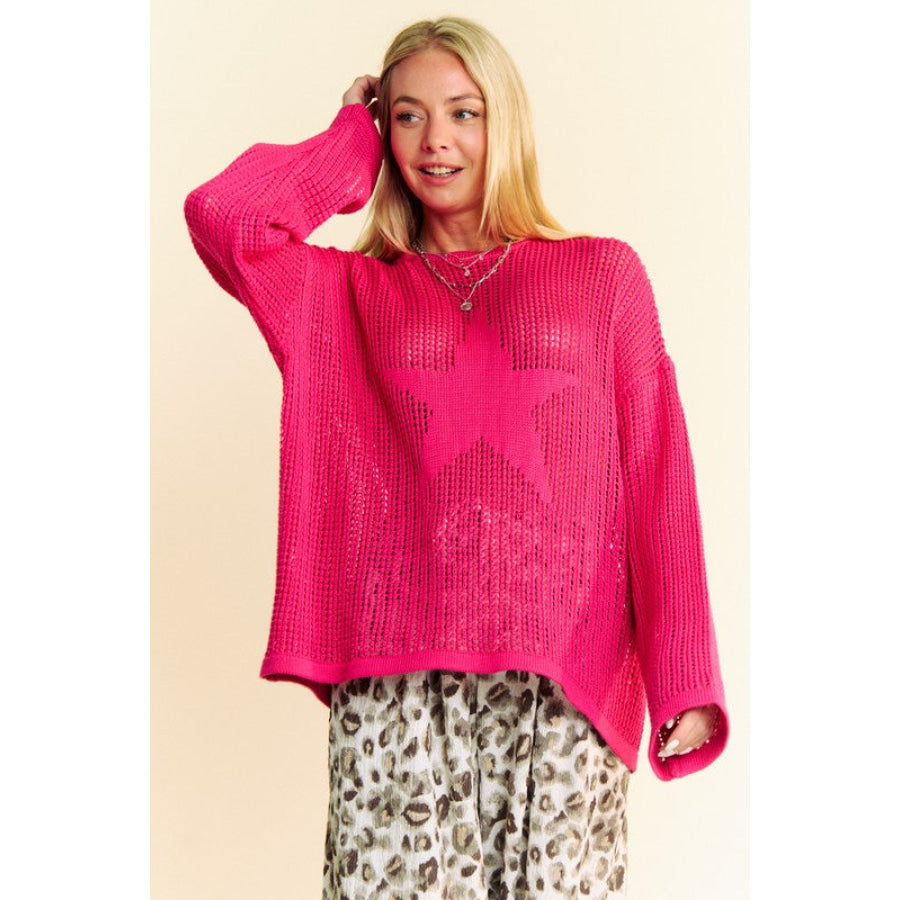 Davi & Dani Star Front Crochet Drop Shoulder Knit Top Apparel and Accessories