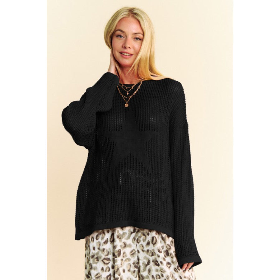 Davi & Dani Star Front Crochet Drop Shoulder Knit Top Apparel and Accessories