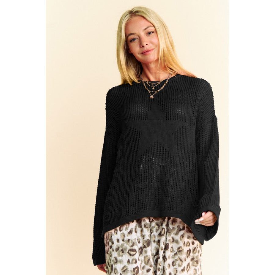 Davi & Dani Star Front Crochet Drop Shoulder Knit Top Apparel and Accessories