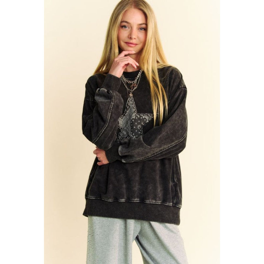Davi & Dani Stud Star Patch Acid Washed Sweatshirt Apparel and Accessories