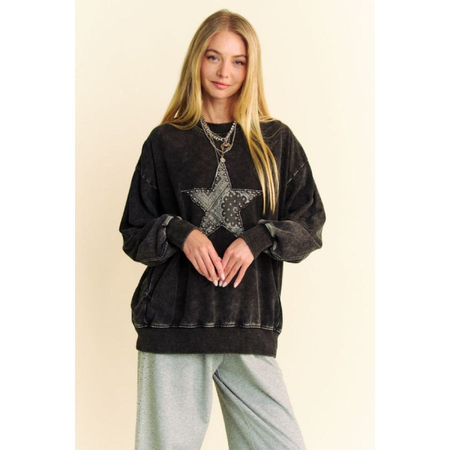 Davi & Dani Stud Star Patch Acid Washed Sweatshirt Apparel and Accessories