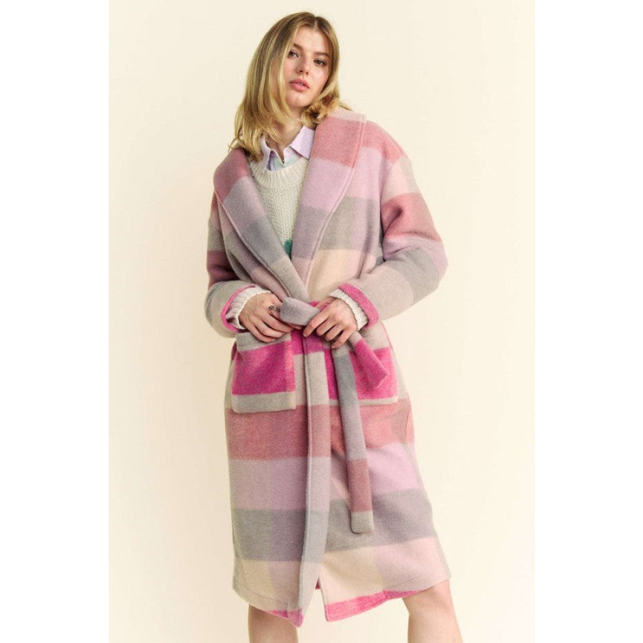 Davi & Dani Tied Color Block Collared Neck Coat Apparel and Accessories