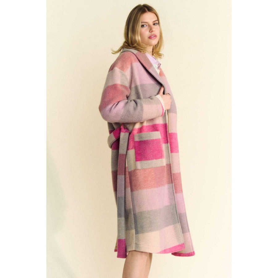 Davi & Dani Tied Color Block Collared Neck Coat Apparel and Accessories