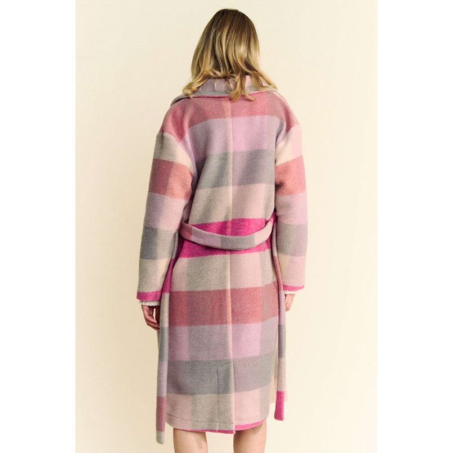 Davi & Dani Tied Color Block Collared Neck Coat Hot Pink Multicolor / S Apparel and Accessories