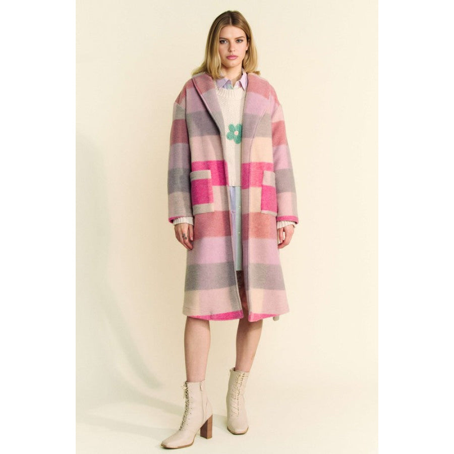 Davi & Dani Tied Color Block Collared Neck Coat Apparel and Accessories