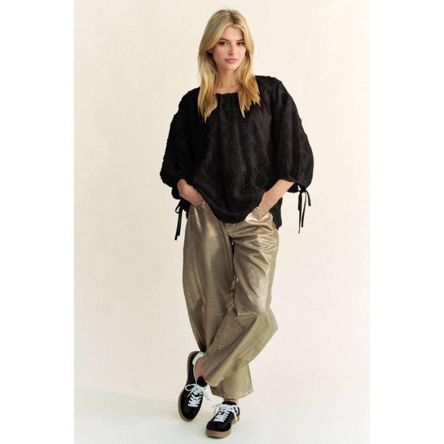 Davi & Dani Tied Round Neck Mesh Blouse Apparel and Accessories