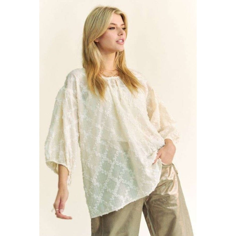 Davi & Dani Tied Round Neck Mesh Blouse Apparel and Accessories