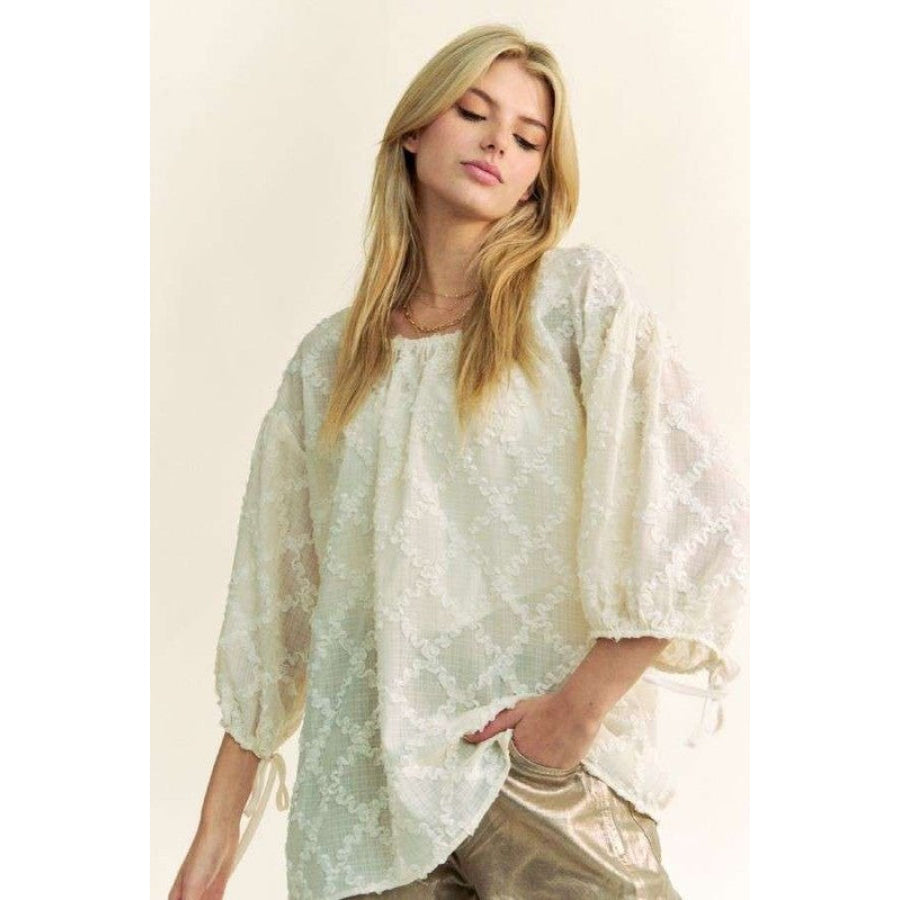 Davi & Dani Tied Round Neck Mesh Blouse Apparel and Accessories