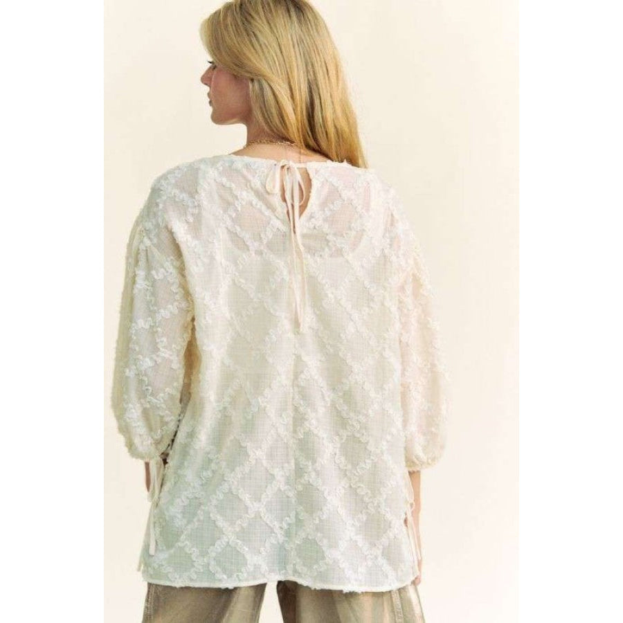 Davi & Dani Tied Round Neck Mesh Blouse Apparel and Accessories