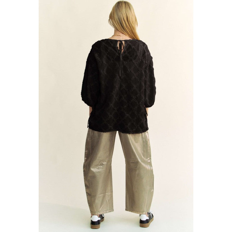 Davi & Dani Tied Round Neck Mesh Blouse Apparel and Accessories