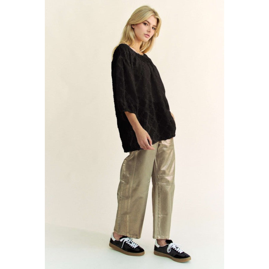 Davi & Dani Tied Round Neck Mesh Blouse Apparel and Accessories