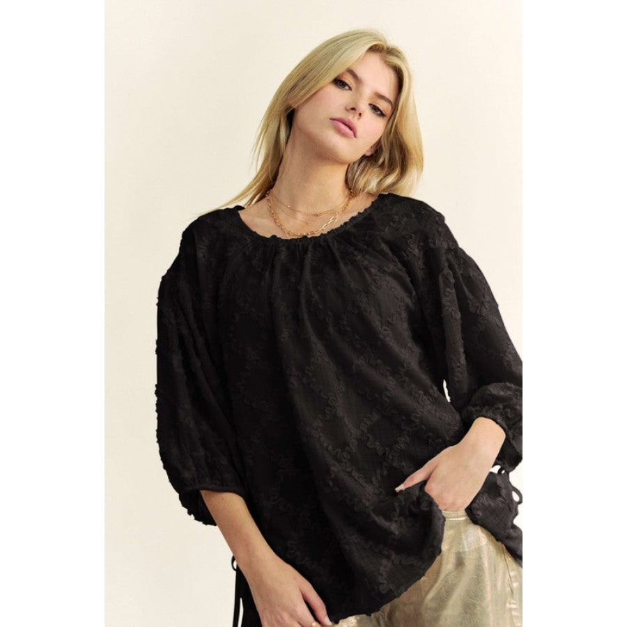 Davi & Dani Tied Round Neck Mesh Blouse Apparel and Accessories