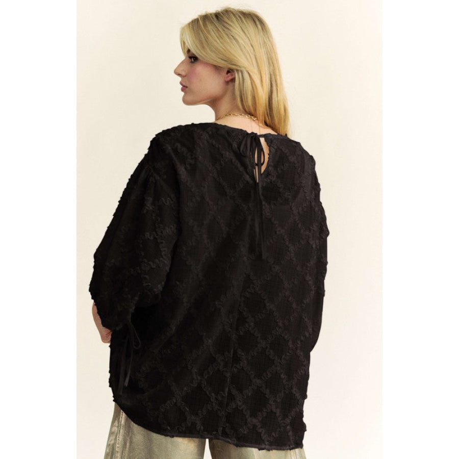 Davi & Dani Tied Round Neck Mesh Blouse Apparel and Accessories