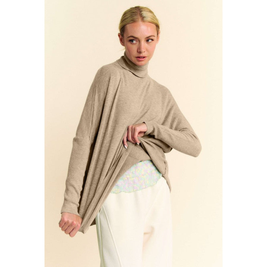 Davi & Dani Turtleneck Long Sleeve Knit Top Khaki / S Apparel and Accessories