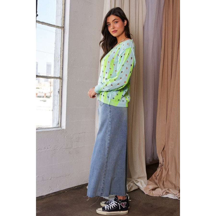 Davi & Dani Two-Tone Ribbed Hem Openwork Knit Top Apparel and Accessories