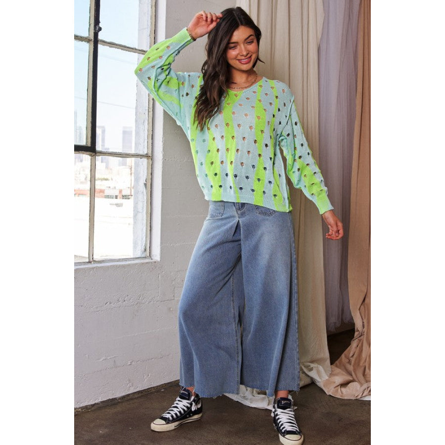 Davi & Dani Two-Tone Ribbed Hem Openwork Knit Top Apparel and Accessories