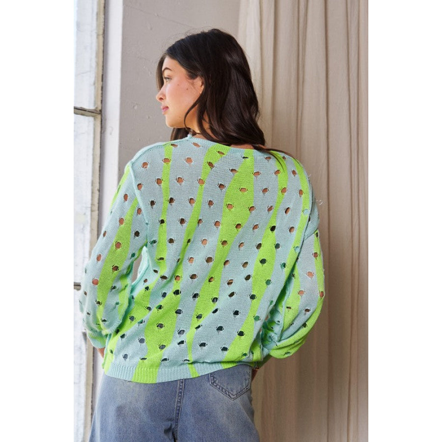 Davi & Dani Two-Tone Ribbed Hem Openwork Knit Top Apparel and Accessories